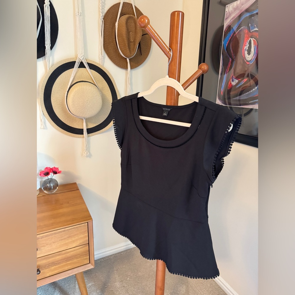 Ann Taylor Classic Black Peplum Blouse with side zip size small